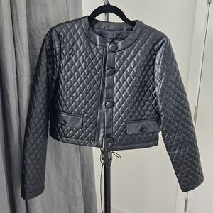 Zara Black Faux Leather Cropped Quilted Jacket Size S